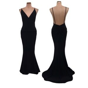Nadia’s Gown Size XS Black Ruched Open Back Long Train Maxi Formal Dress